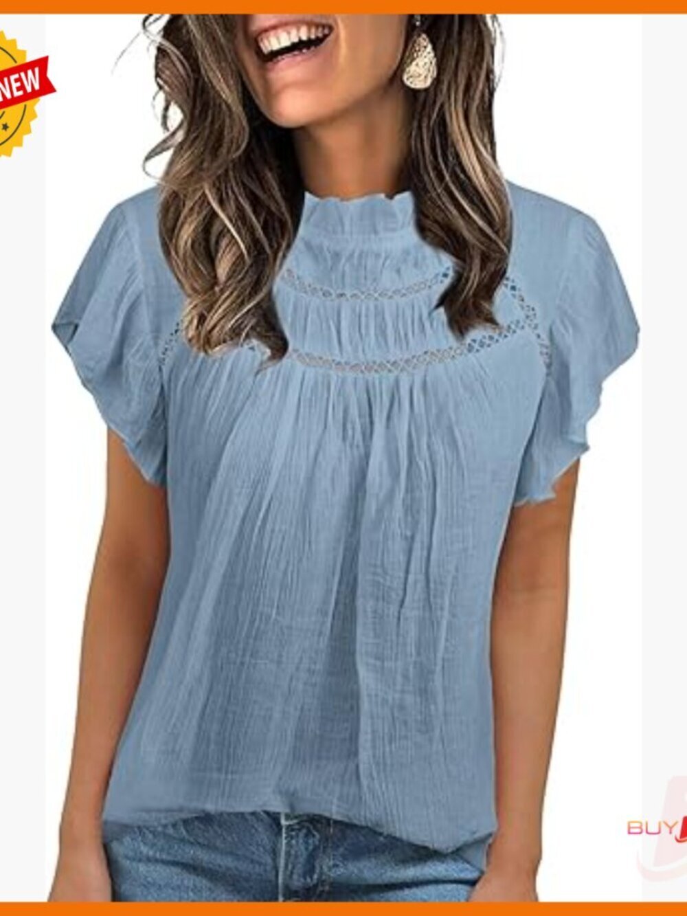 Loose Fit Ruffle Sleeve Mock Neck Blouse, Pleated Front Summer Top